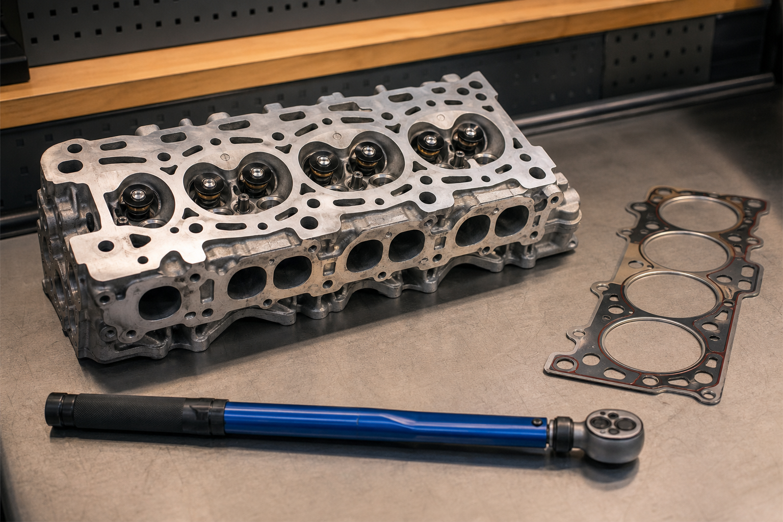 Zylinderkopf-Reparatur – Zylinderkopf mit Dichtung und Drehmomentschlüssel bei Ingenieurmann Graz